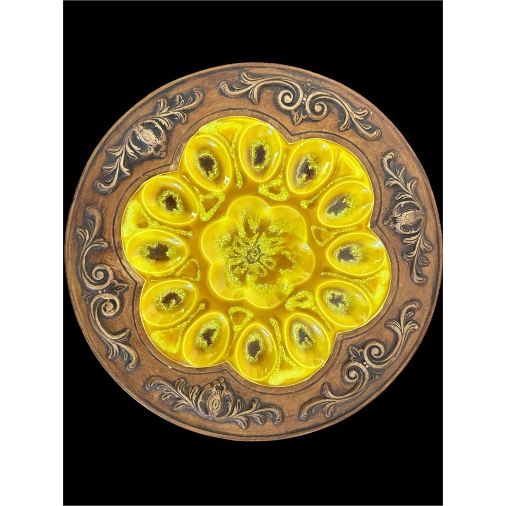 Treasure Craft Ceramic Yellow Glaze Faux Wood Deviled Egg Platter VINTAGE